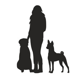 woman with two dogs silhouette, vector