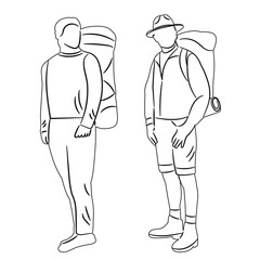 men with backpacks outline sketch, vector