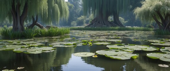 A serene lake surrounded by lush weeping willows and lily pads, creating a tranquil and picturesque natural scene, ideal for relaxation and meditation