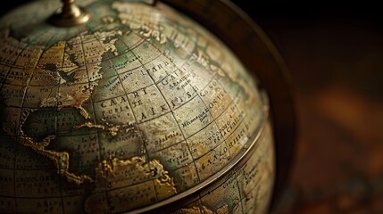1805 03 A close-up photograph of a globe with finely detailed topography, set against a blurred background of a study or library filled with books and maps, creating a sense of exp