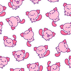Cute kawaii axolotl. Seamless pattern. Cartoon funny animals characters. Hand drawn style. Vector drawing. Design ornaments.