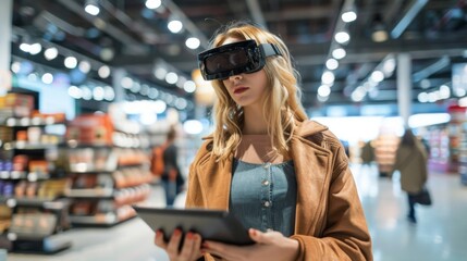 Blurred stylish woman using augmented reality glasses while handling a tablet in a contemporary store setting