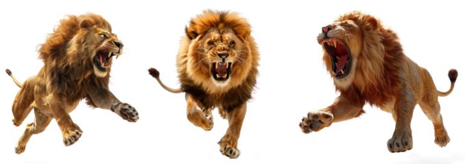 Set of Fierce Charging Lion with Majestic Mane in Action, Isolated on Transparent Background