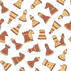 Cute chess pieces with happy face. Seamless pattern. Cartoon kawaii character. Hand drawn style. Vector drawing. Design ornaments.