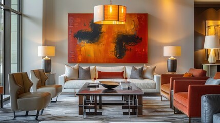 contemporary living room with bold artwork, comfortable seating, and unique lighting fixtures creating a dynamic space