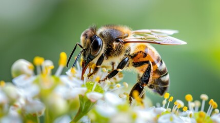 A close-up of a bee pollinating a flower, highlighting the crucial role of pollinators in maintaining ecosystem health and the importance of biodiversity