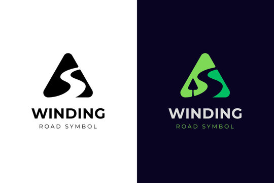 winding road with triangle street logo icon design, vector direction travel symbol graphic concept for the traveler, tourism symbol