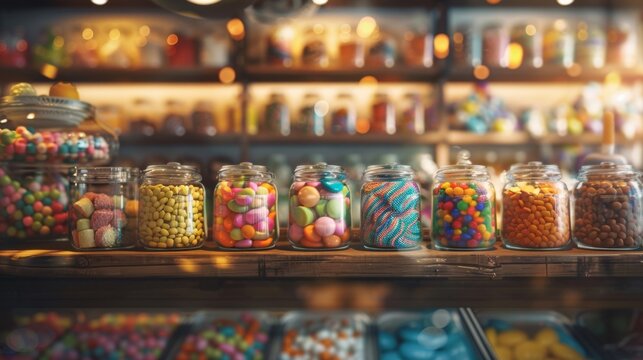 Colorful candy jars on a wooden shelf in a cozy vintage candy shop with blurred background of shelves filled with various sweets and treats