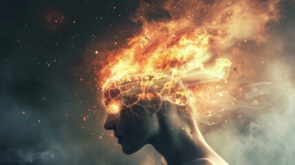 Conceptual image of a person with head exploding in fiery flames, representing anger, stress or a powerful idea