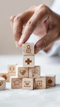 Close-up of a man's hand arranging wooden blocks with healthcare and medical icons with hospital background. Concept of healthcare and health insurance,medicine, medical exams, insurance plan