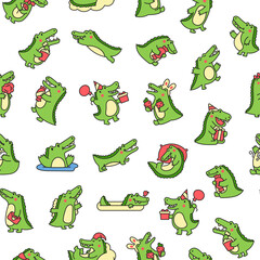 Cute crocodile character engaged in different activity. Seamless pattern. Funny adorable cartoon animal. Hand drawn style. Vector drawing. Design ornaments.