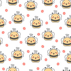 Liquid soap bottles with animals face. Seamless pattern. Bath and shower product. Hand drawn style. Vector drawing. Design ornaments.