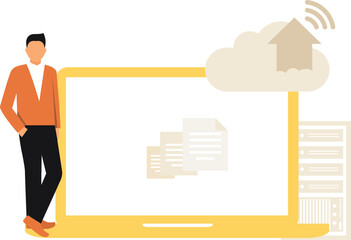 The boy is standing next to the laptop.