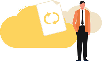 The boy stands next to cloud data.