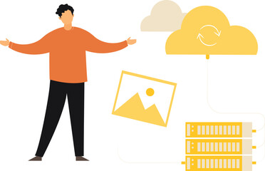 The boy is standing next to the server.