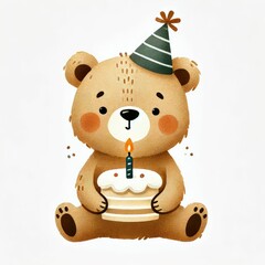 cute bear, birthday theme. earth tone color, watercolor illustration, Perfect for nursery art, simple clipart, single object, white color background.