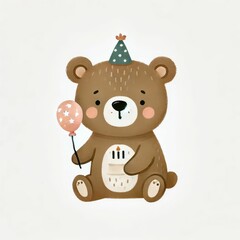 cute bear, birthday theme. earth tone color, watercolor illustration, Perfect for nursery art, simple clipart, single object, white color background.