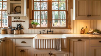 Fototapeta premium cozy and inviting cottage-style kitchen with beadboard cabinets, a farmhouse sink, and warm colors for a homely cooking environment
