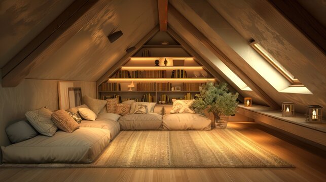 cozy attic conversion featuring soft lighting, angled ceilings, and comfortable nooks perfect for reading or relaxing