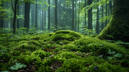 Fototapeta premium An image of a dense, moss-covered forest floor, with ferns, mushrooms, and insects, showcasing the intricate interactions between different organisms in a biodiverse ecosy