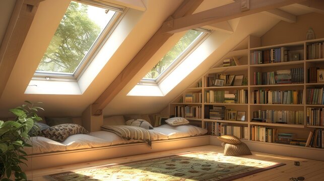 cozy attic conversion with skylights, built-in bookshelves, and a snug reading nook under the eaves