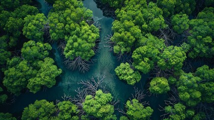 Naklejka premium An aerial view of a mangrove forest, with its intricate network of roots and channels, showcasing the unique ecosystem that supports a diverse range of plant and animal