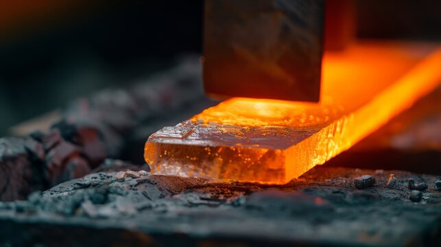 Close-up of a glowing hot metal bar being forged with a press in a blacksmith's workshop. The intense heat and force shape the iron.