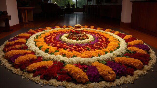 Interreligious festival Onam, harvest festival, King Mahabali. Kerala flower bed. AI generated.