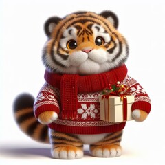 Fototapeta premium Cute fluffy Tiger Teddy bear in a christmas sweater on a white background