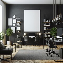 A room style interior set design with a black wall and a black chair and a desk.