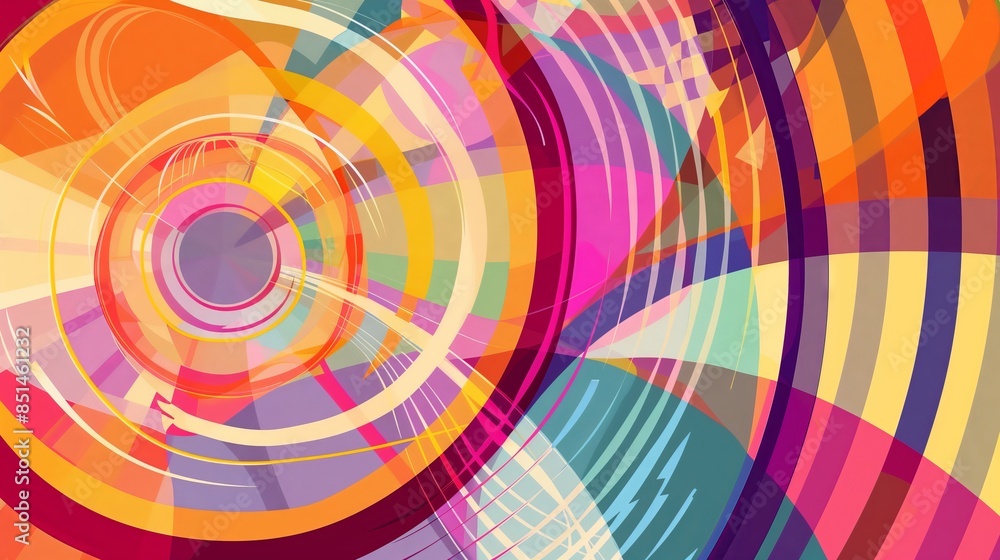 Poster a bold abstract design with radiating lines and circular shapes in a dynamic, vibrant color palette.