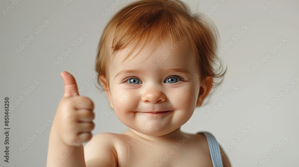 Wall mural a baby in a tank top smiling and giving a thumbs up with vibrant blue eyes