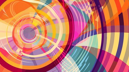 A bold abstract design with radiating lines and circular shapes in a dynamic, vibrant color palette.