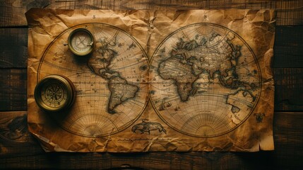 Fototapeta premium An antique map spread out on a wooden table, depicting the continents and hemispheres with detailed cartographic illustrations, evoking a sense of historical exploration an