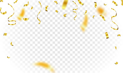 Celebration background template with golden confetti ribbons. Luxury anniversary template. Flying decoration elements. Bright serpentine isolated. Vector illustration