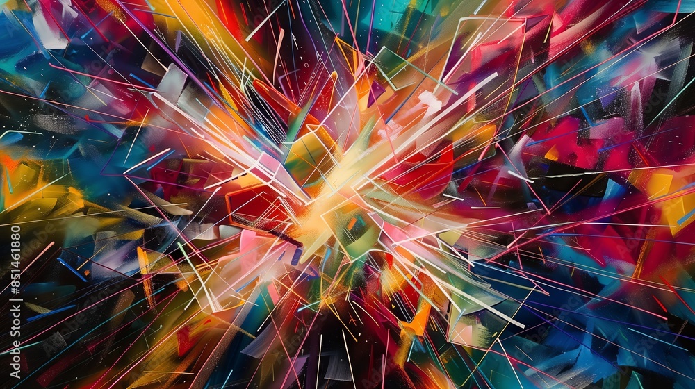 Poster vibrant abstract art with multicolored lines and geometric shapes radiates dynamically from the cent