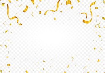 Gold confetti on transparent background. Realistic falling tinsel. Luxury anniversary template. Vector illustration
