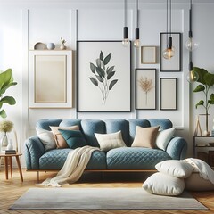 A living room style interior set design with a mockup poster empty white and with a couch and pictures on the wall Vibrant engaging unique engaging.