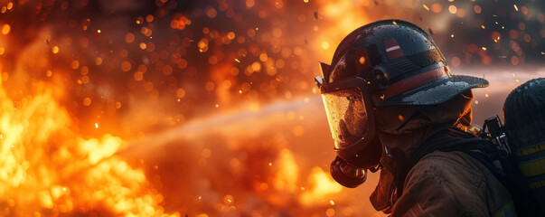 A firefighter extinguishing flames and rescuing people from a burning building.