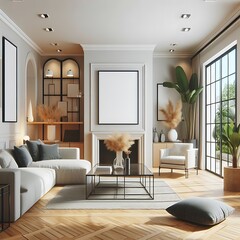 A living room style interior set design with a mockup poster empty white and with a fireplace and a couch unique.