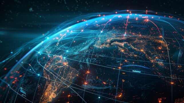 A digital illustration of the Earth from space, with bright latitude and longitude lines wrapping around the globe, the Equator glowing, and major cities pinpointed,
