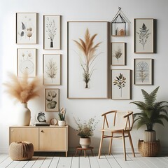 A Reception living room style interior set design with A chair and poster mockup and A chair and poster mockup and a table with plants informative informative.