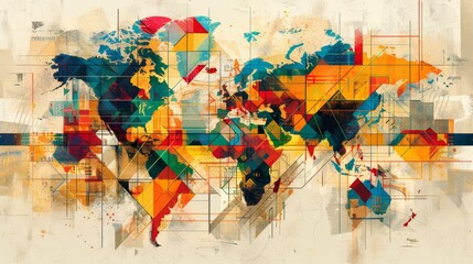 An abstract representation of Earth, created using geometric shapes and patterns, conveying the idea of unity and harmony among nations and cultures.