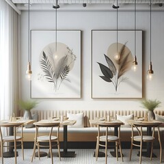 A room style interior set design with a booth and tables and artwork informative optimized.