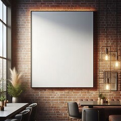 A room style interior set design with a brick wall and Modern commercial building interior with A large blank white screen poster on the wall informative Vibrant.