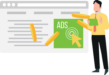 The boy is working on advertisements.