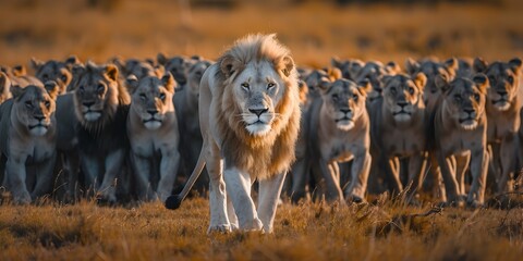 Lone Powerful White Lion Leading a Pride of Grey Companions in Savanna Grasslands © Thares2020