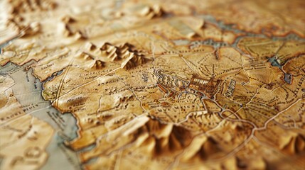 A close-up of an old, weathered map spread out on a table, showing intricate details of geographical features and ancient cartographic techniques, evoking a sense