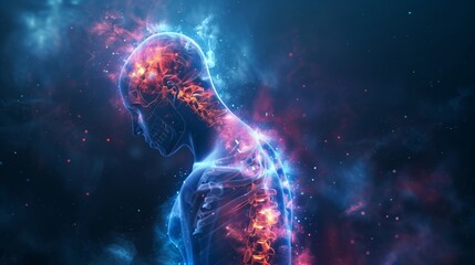 Conceptual art of spinal health highlighting the impact of poor ergonomics on a radiant spine in strain.