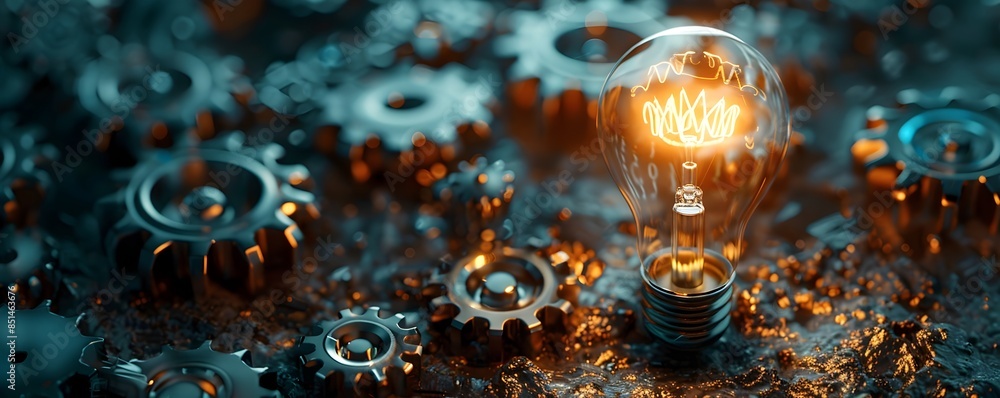 Poster a glowing light bulb supported by the functionality of gears in the background depicting business vi